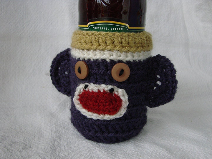 READY 2 SHIP UW Husky theme Sock Monkey Beer Soda Bottle Cozy Gold Purple