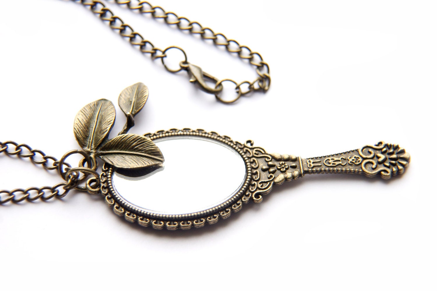 Vintage Style Hand Mirror and Leaf Necklace