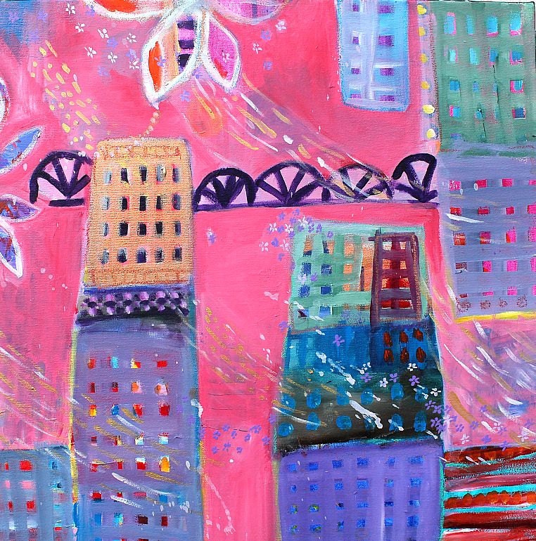 Original Whimsical Wall Hanging Cityscape Painting Child's Room Decor  "Spring Rain"