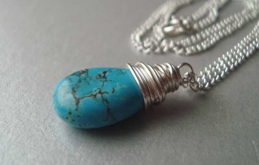 Turquoise Howlite Briolette Necklace - Wire Wrapped Teardrop Gemstone Pendant - Aqua and Silver Jewelry - Minimalist
