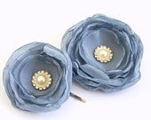 Grey Blue Chiffon Hair Flowers with Pearls and Rhinestones (2 pcs) Dusty Blue Flower Hair Accessories Bridesmaids Weddings Special Occasions - BelleBlooms
