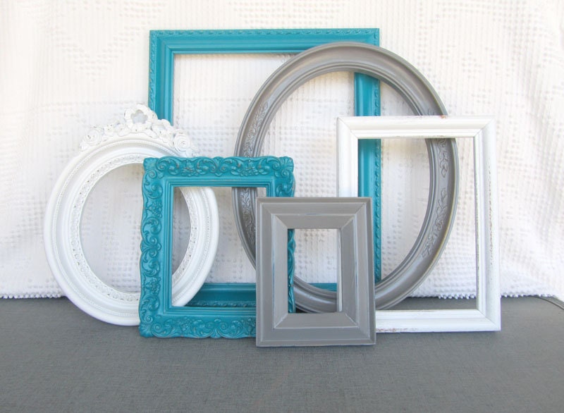 Teal, Grey White Vintage Picture Frames Set of 6 - Upcycled Frames with GLASS Modern Bedroom Decor Peacock Blue Gray Home Decor