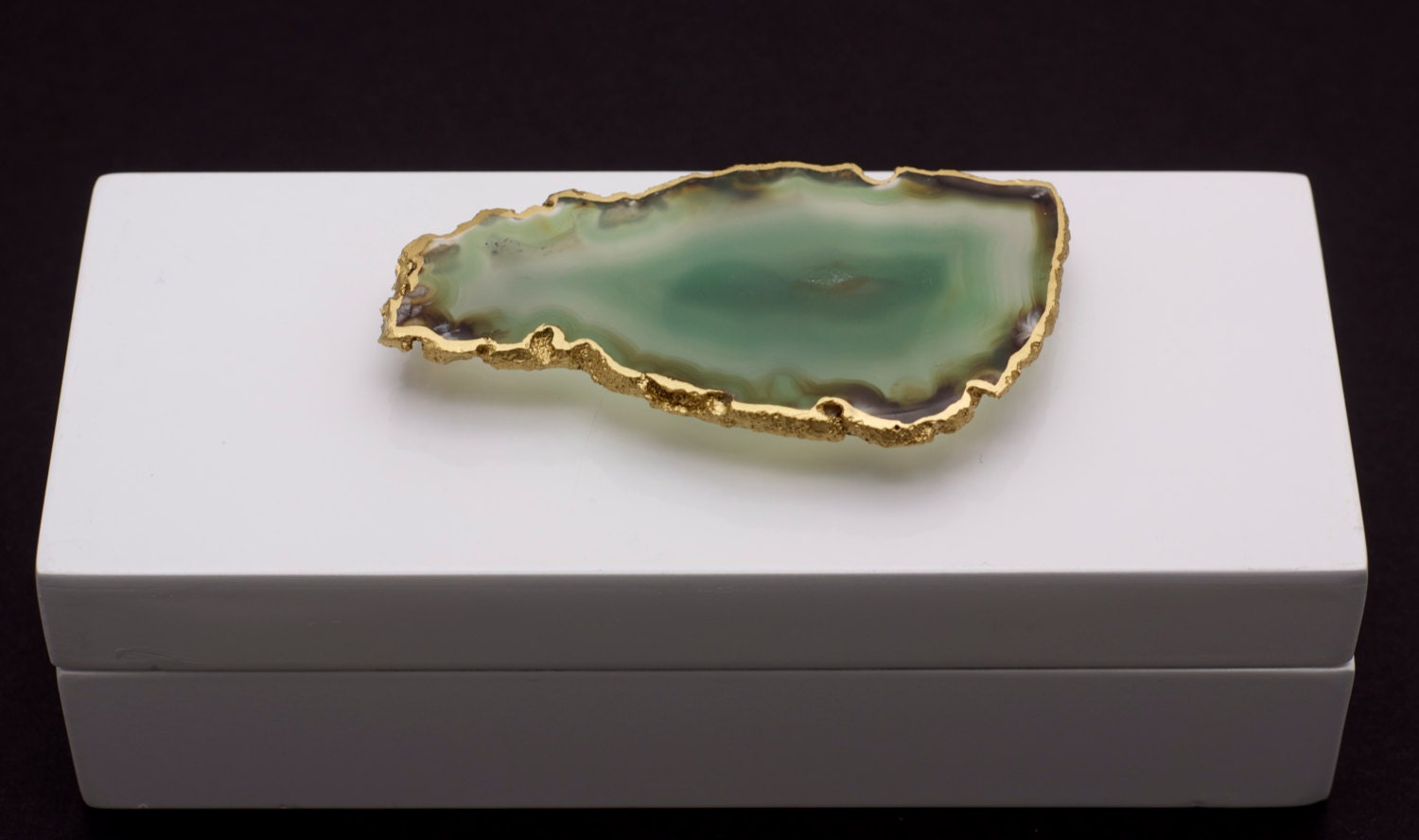 White Lacquered box modern rectangular with Green geode slice