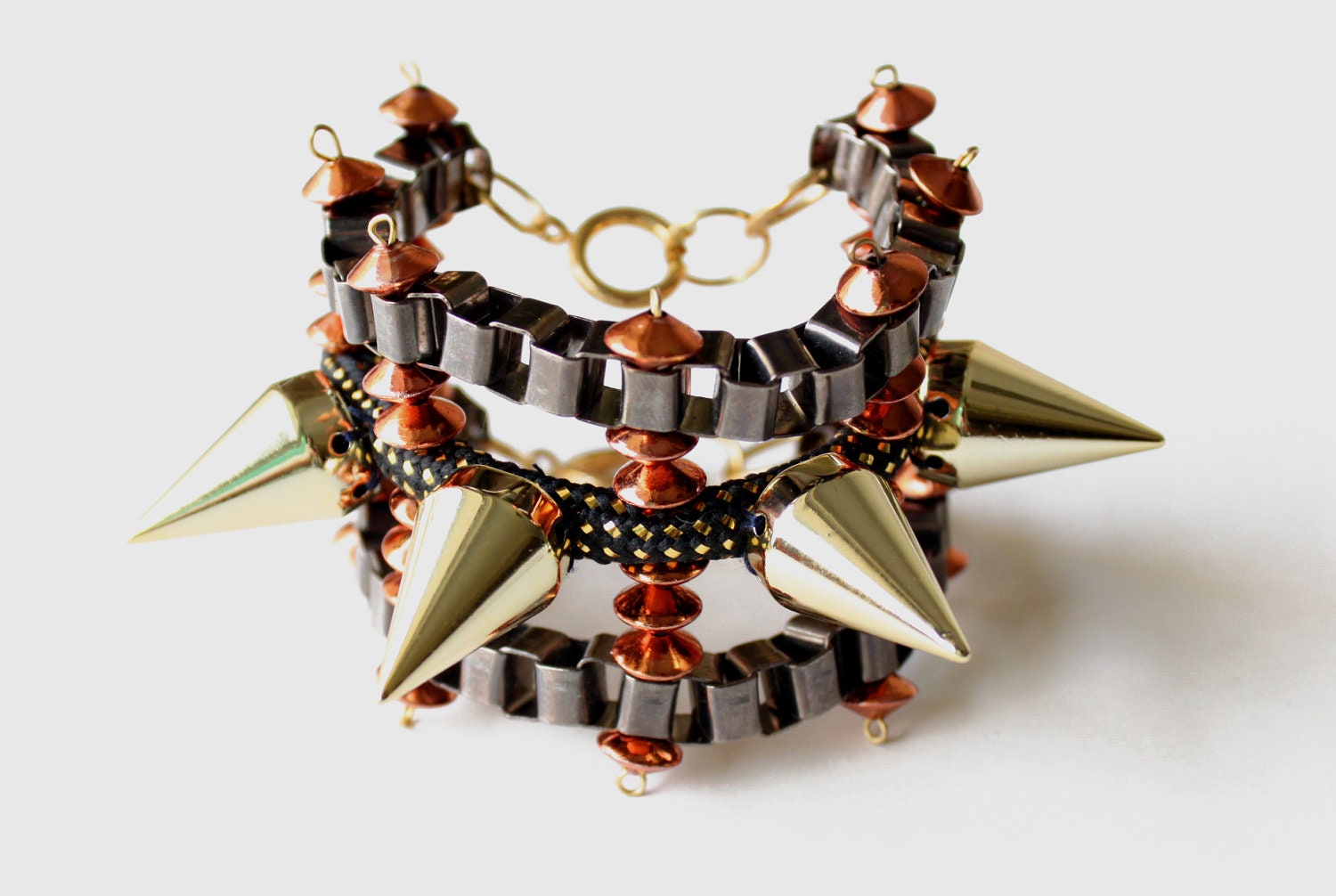 Heartache, cuff bracelet, studs bangle, rope bracelet, black rose gold, baroque dark romance witch style, cuff bangle, OOAK costume jewelry