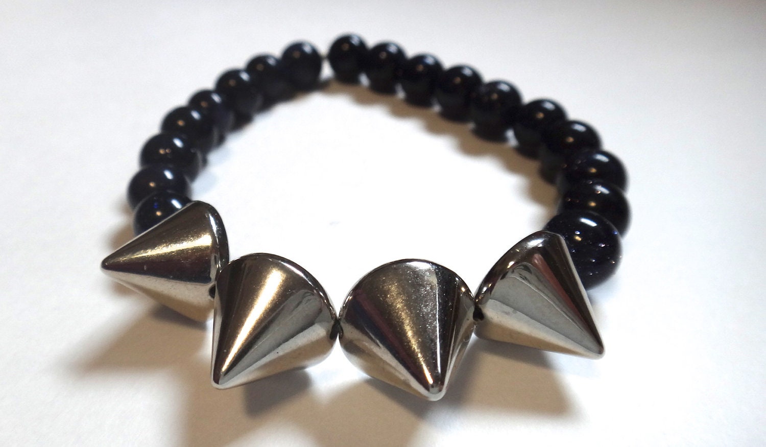Blue Goldstone Beaded Bracelet with Silver Spikes
