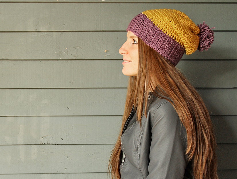 CUSTOMIZABLE Two-Toned Crochet Slouchy Beanie with Puff Ball