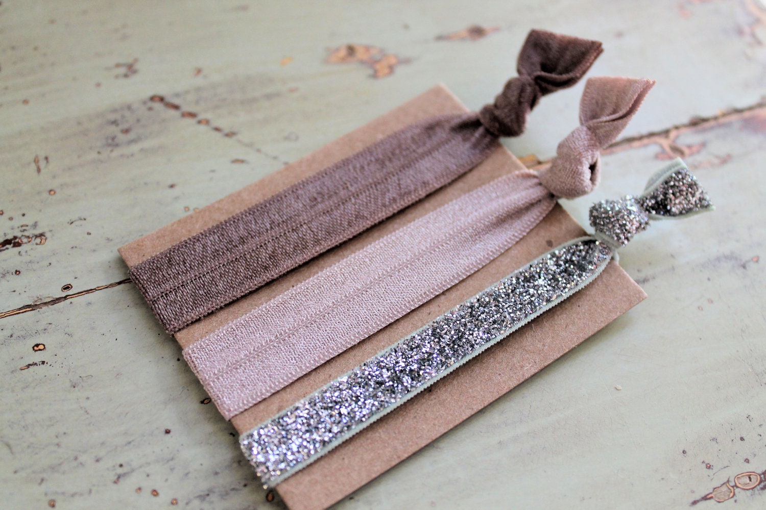 Elastic Knotted Hair Ties - Champagne Collection - Satin and Glitter Elastic Knotted Hair Ties - Set of 3 - Ponytail Holders