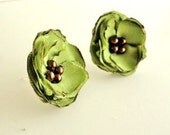 Chartreuse Stud Earrings, Small Fabric Flower Earrings, Lime, Olive Green and Brown, Bridal Jewelry Bridesmaid