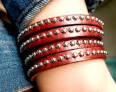 Red Leather Studded Silver Rivets Wrap Bracelet