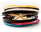Black Leather and Colorful Rope With Golden Infinity Charm Bracelet