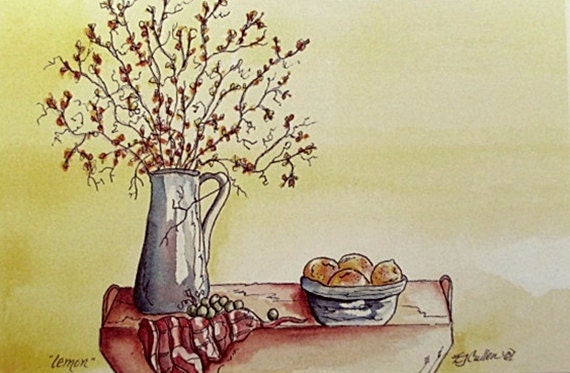 Fine Art Watercolor Art Print Lemon Yellow Red Orange Fruit Botanical Still Life Nature Floral Garden Gardener Spring Illustration 8x10