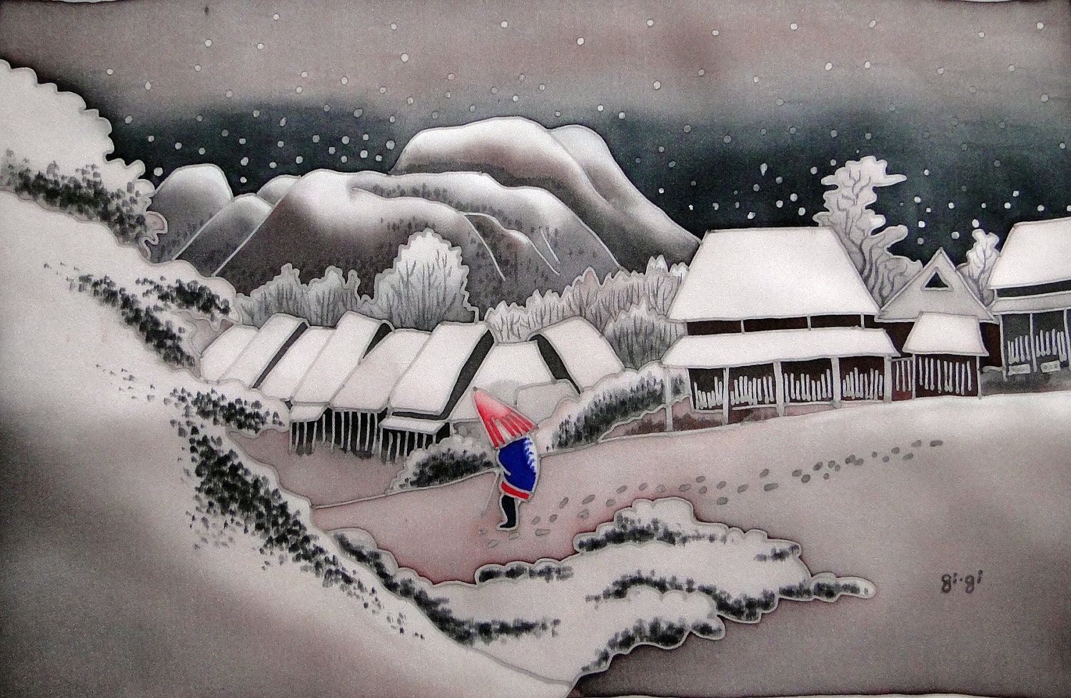 Original Painting on Silk - EVENING SNoW - Cold batik. Free shipping. MADE TO OrDeR Japanese landscape