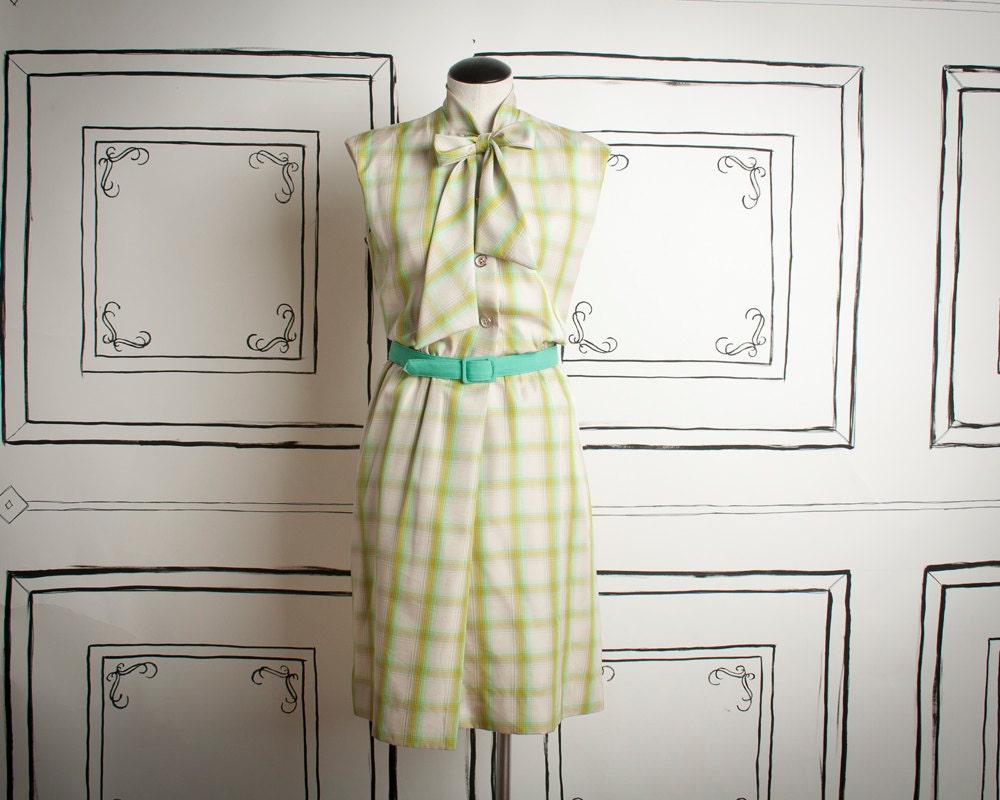 50s NORMAN WIATT green plaid shirt dress