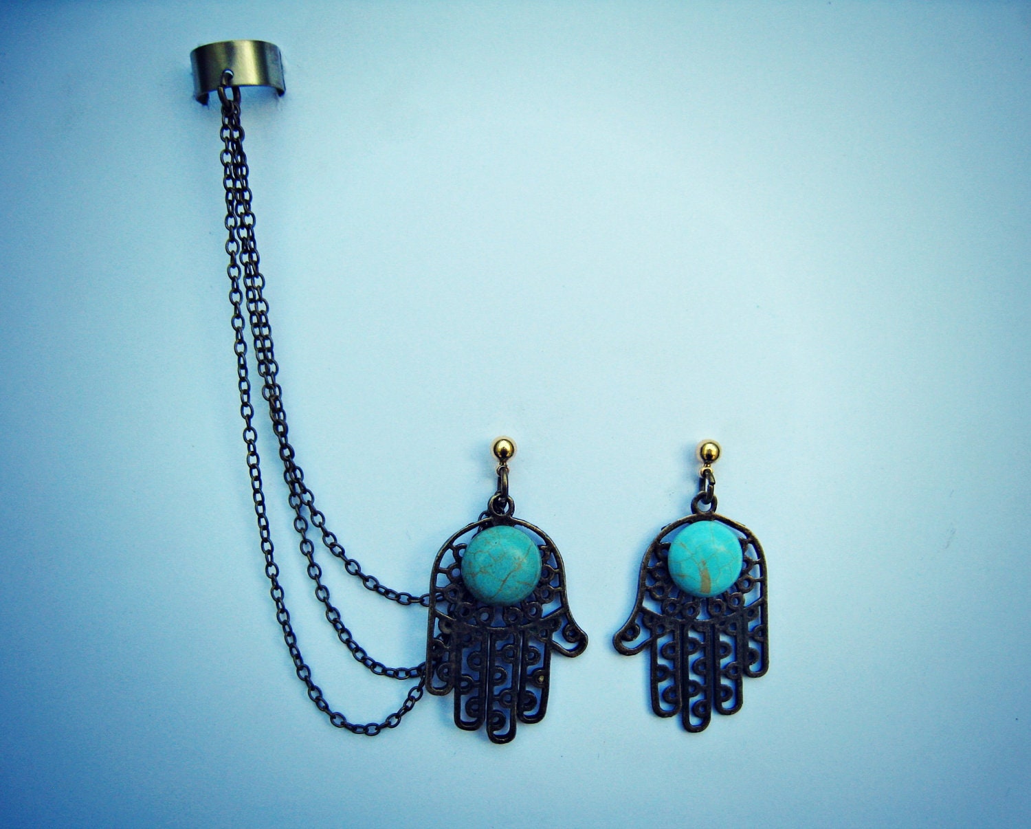 hamsa ear cuff, hand of fatima, ear cuff with chains, turquoise earrings, chains ear cuff, hamsa chain cuff, hamsa hand earrings