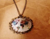 Colourful Map of The world cameo necklace, Vintage style