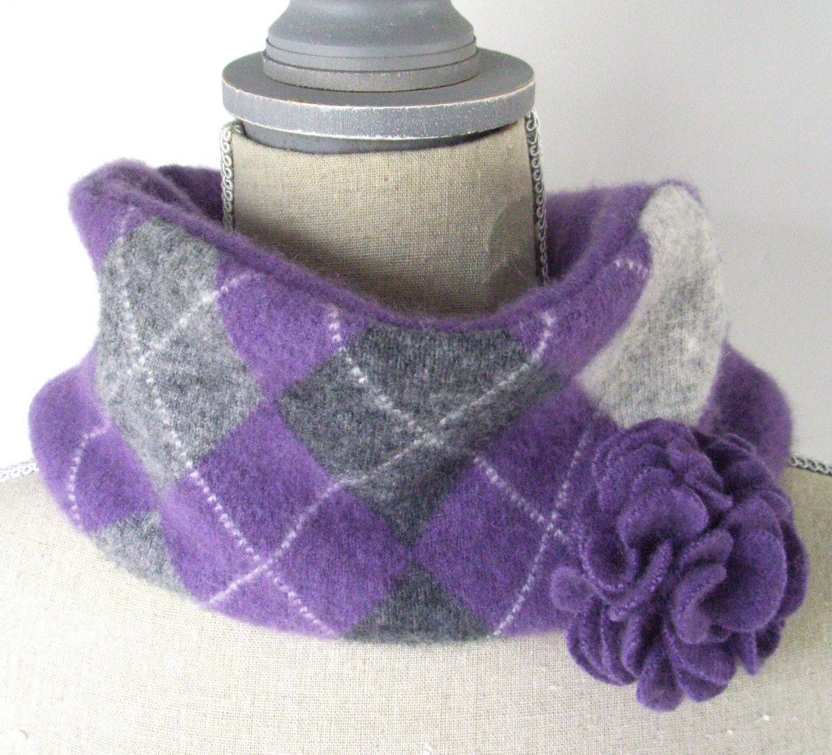 Purple and Gray Argyle Cashmere Neck Warmer, Cowl Scarf with Removable Flower Clip, Upcycled Repurposed Recycled, Accessory