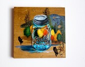 Woodland Painting, Landscape, Mason Jar, Mixed Media on Wood Panel, 8 x 8 in. "Look Far" by Heather McCaw