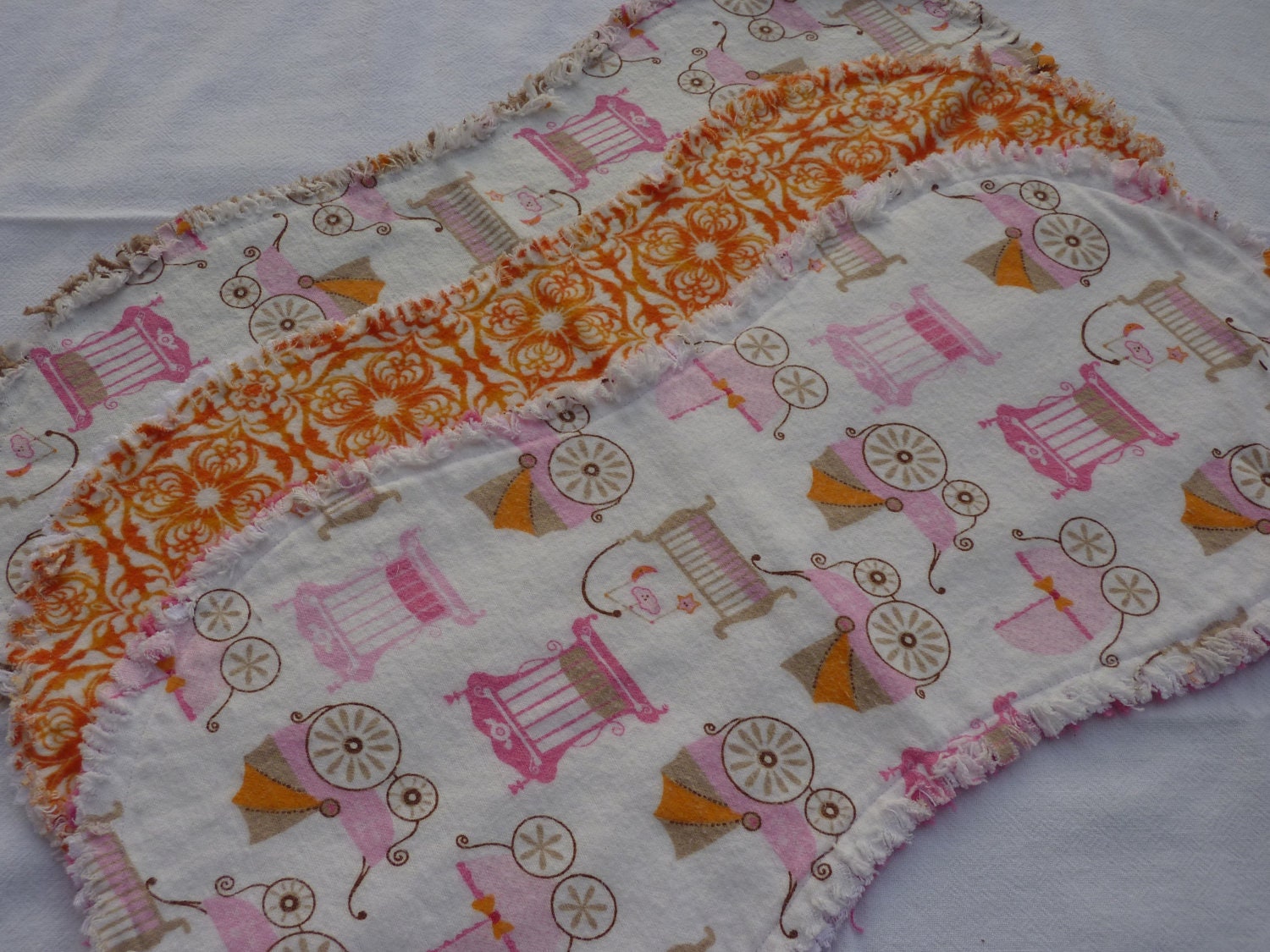 Baby girl burp cloths, burpcloths, burp rags, burprags, contoured, ragged edges, feeding gear, prams, orange flowers