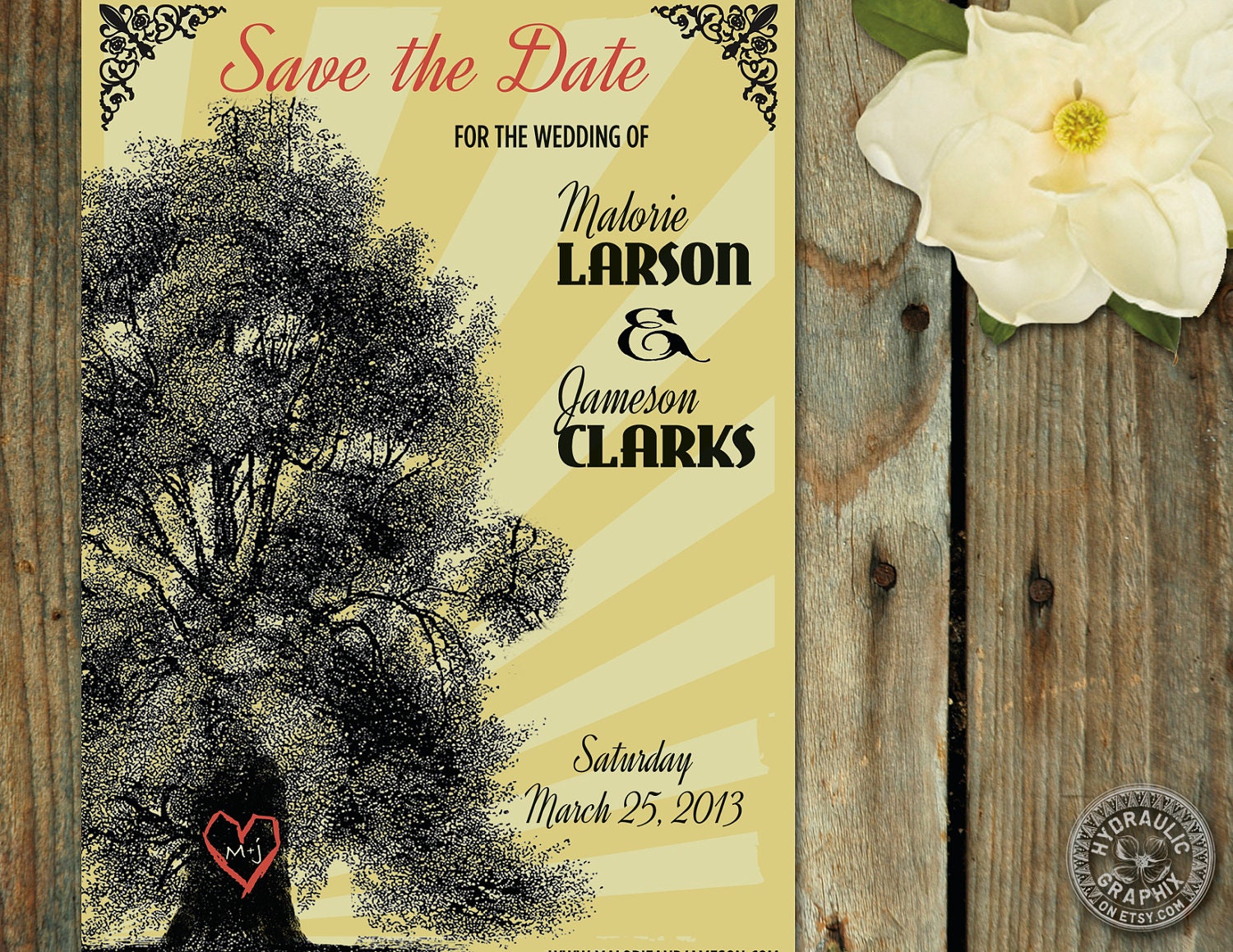 Tree with Heart carving with initials in tree trunk Save the Date with retro advertising inspiration Il_170x135