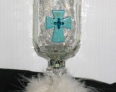 Cowgirl Cocktail REDNECK wine glass mason canning jar Turquoise Bling Rhinestones CROSS w/ feather boa