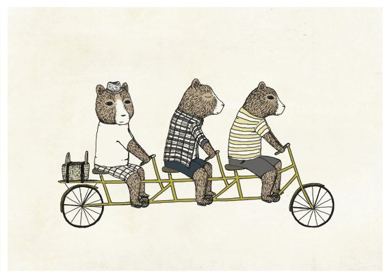 3 Bears On A Bicycle - Illustration Print - 5 x 7 Art Print