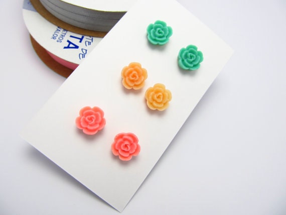 3 pairs Floral  Post Earrings Lovely set - Mixed colors - Feminine Pretty-Sweet 16-Great Gift-