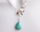 Triple Flower and Turquoise drop white gold necklace- Bridesmaid,Wife, Girlfriend, Mothers Gift Idea