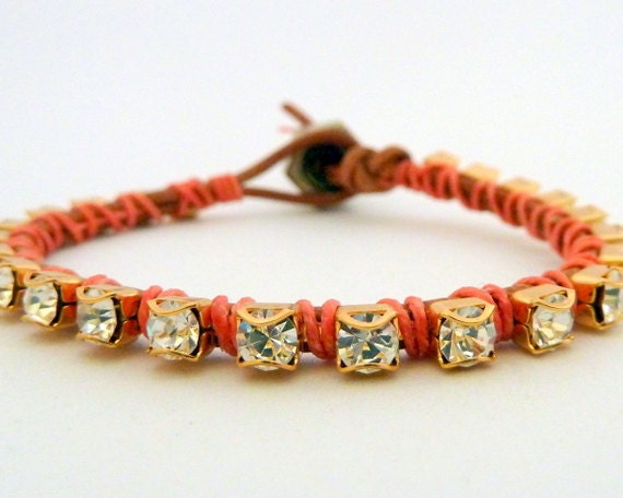 Rhinestone friendship bracelet / brown / coral peach salmon pastel / brass / valentine's day - sukoshishop