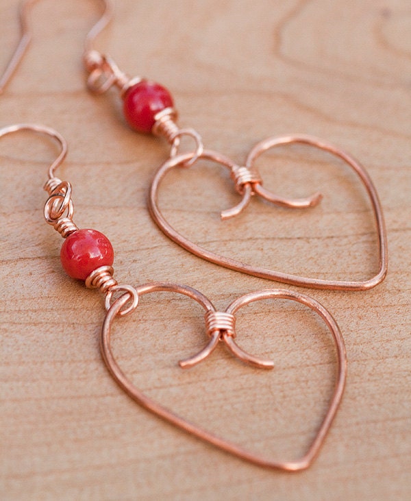 Copper & Red Coral Heart Earrings