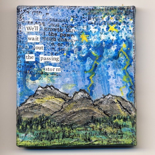 Mixed Media Original Collage Miniature Painting with wood easel - mountains, storm clouds and lightning - wait out the passing storm