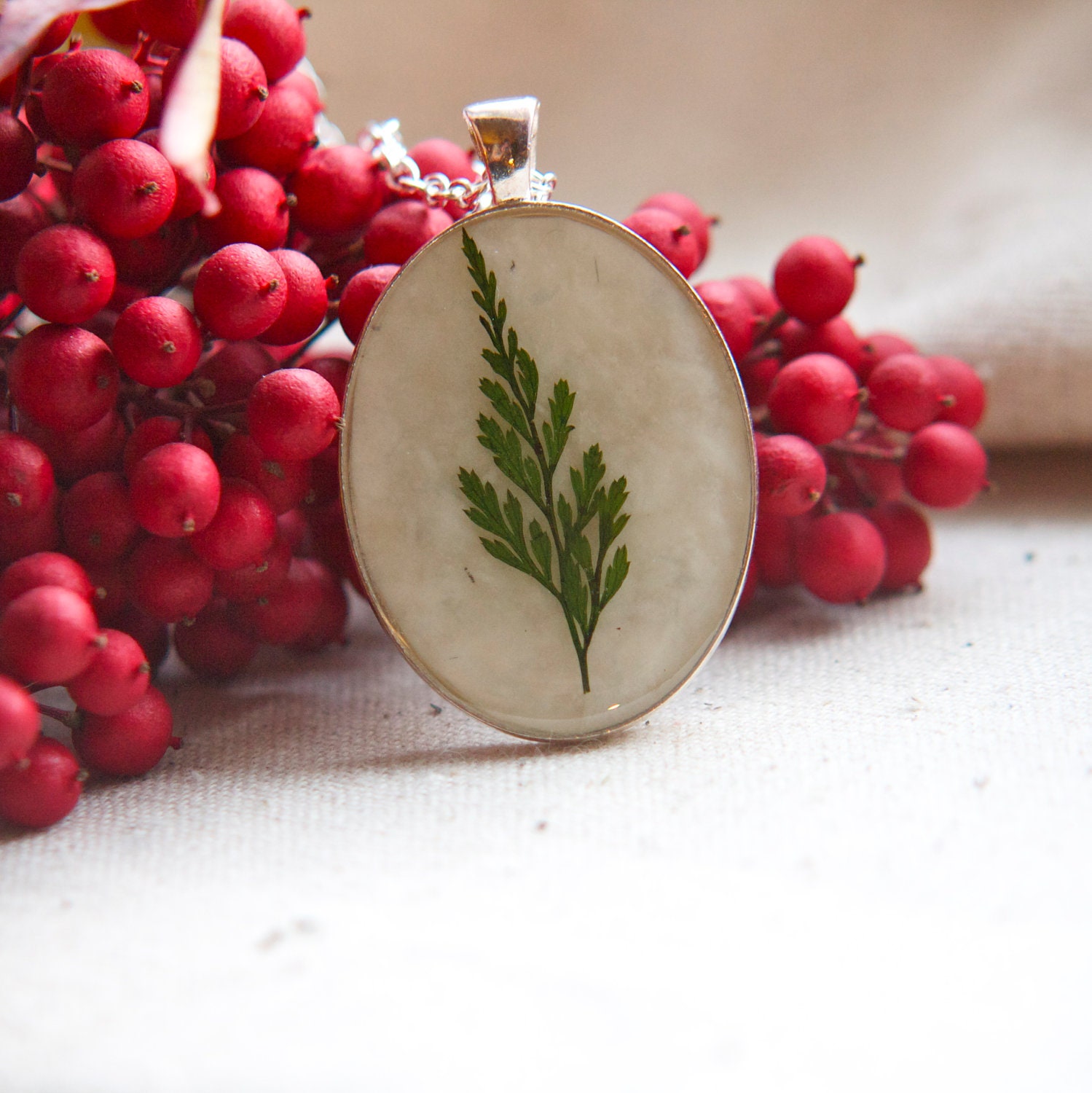 pressed fern christmas tree pendant handmade real winter holiday botanical resin necklace studiobotanica