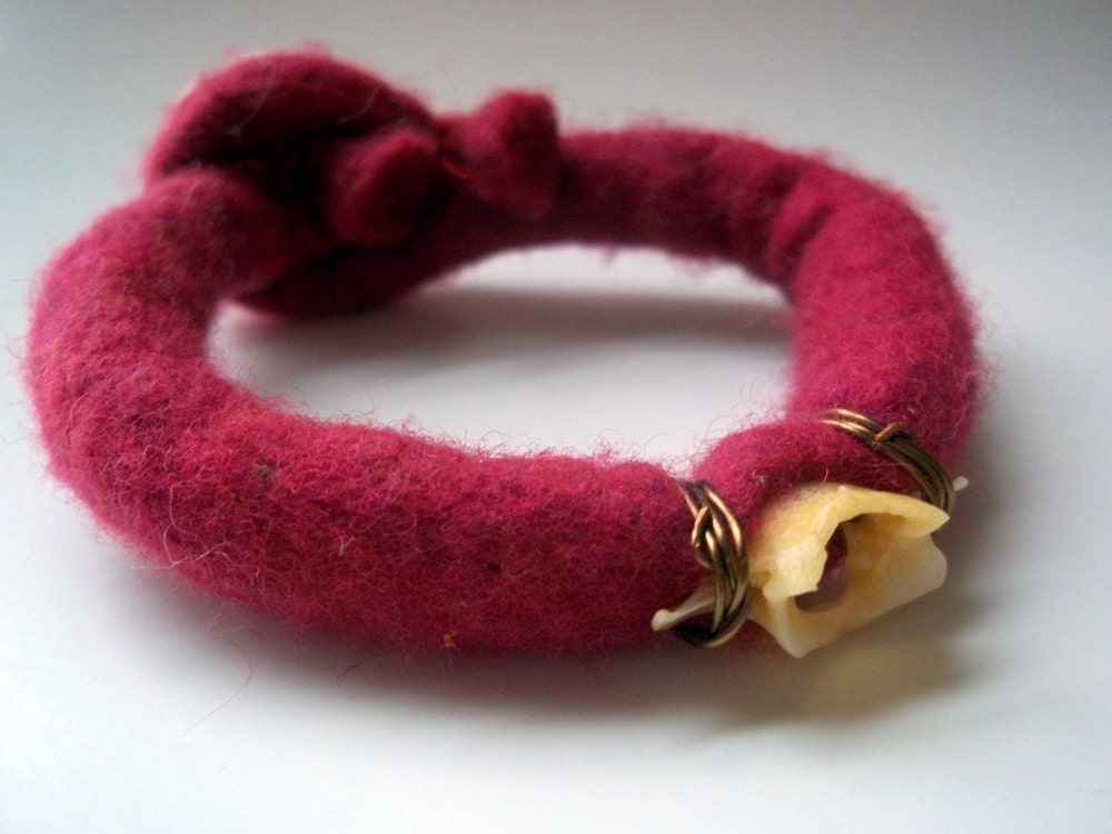 Rabbit bone bracelet -  rose pink felt with pretty button clasp - shamanic totem jewelry - wicca - jewelry for women