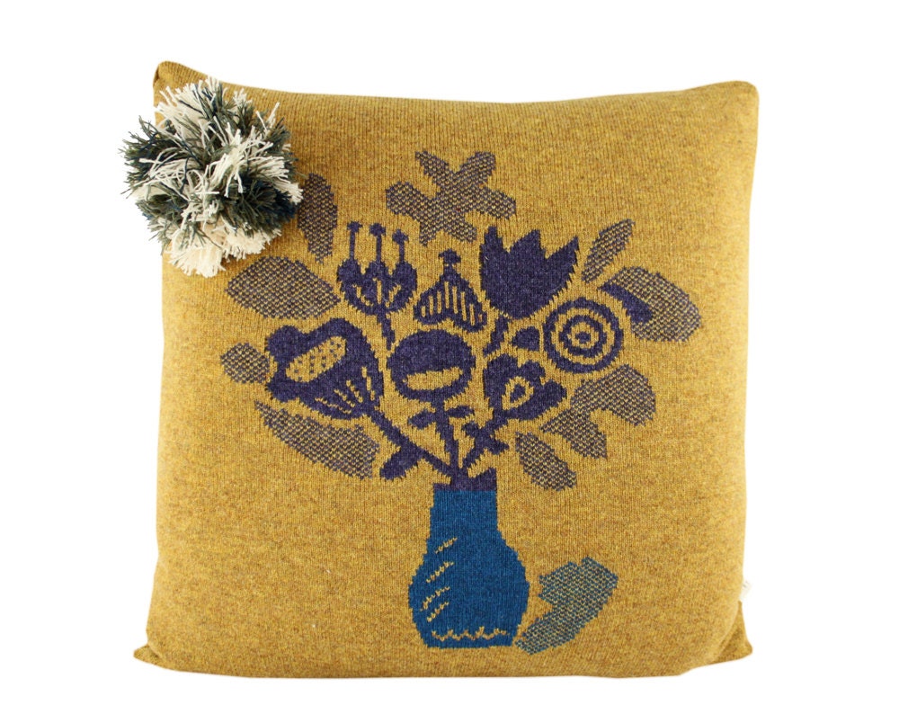 Father. Large soft knitted pillow - mustard yellow, purple 23x23, includes insert