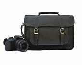 Leather Camera Bag / Satchel / Messenger Bag - Two in One - Top Grain Black Leather