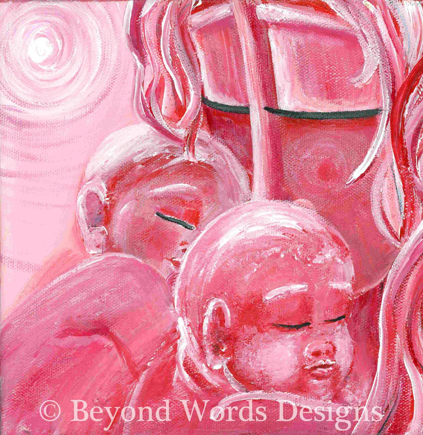 A Perfect Moment, Mom and Twins, Multiples, Sleeping Babies, OOAK Painting, Red, Midwife, Doula Gift, Mother and Children
