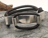 FREE SHIPPING. Men's leather bracelet. Brown leather bangle bracelet with hammered metal buckle clasp.