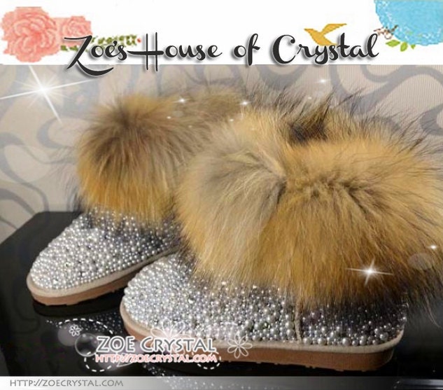 WINTER Pearls Sheepskin Cuff Wool Boots with elegant PEARLS and stylish CRYSTALS