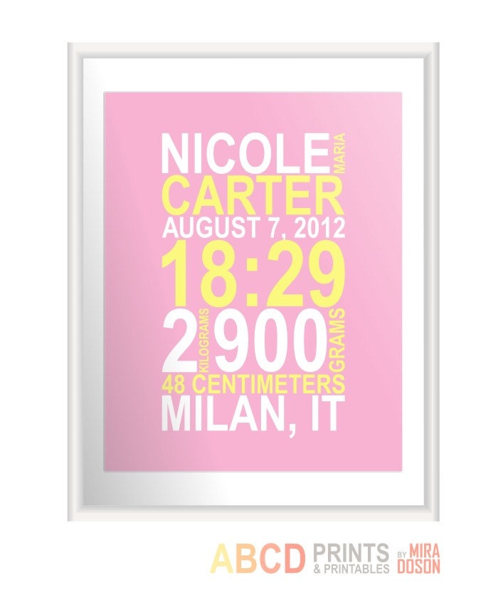 Personalized nursery art, birth stats, baby name, birth print 11x14