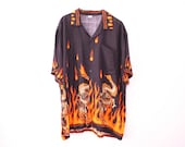 90s Mens Vintage FLAME & DRAGON Printed Collared Shirt