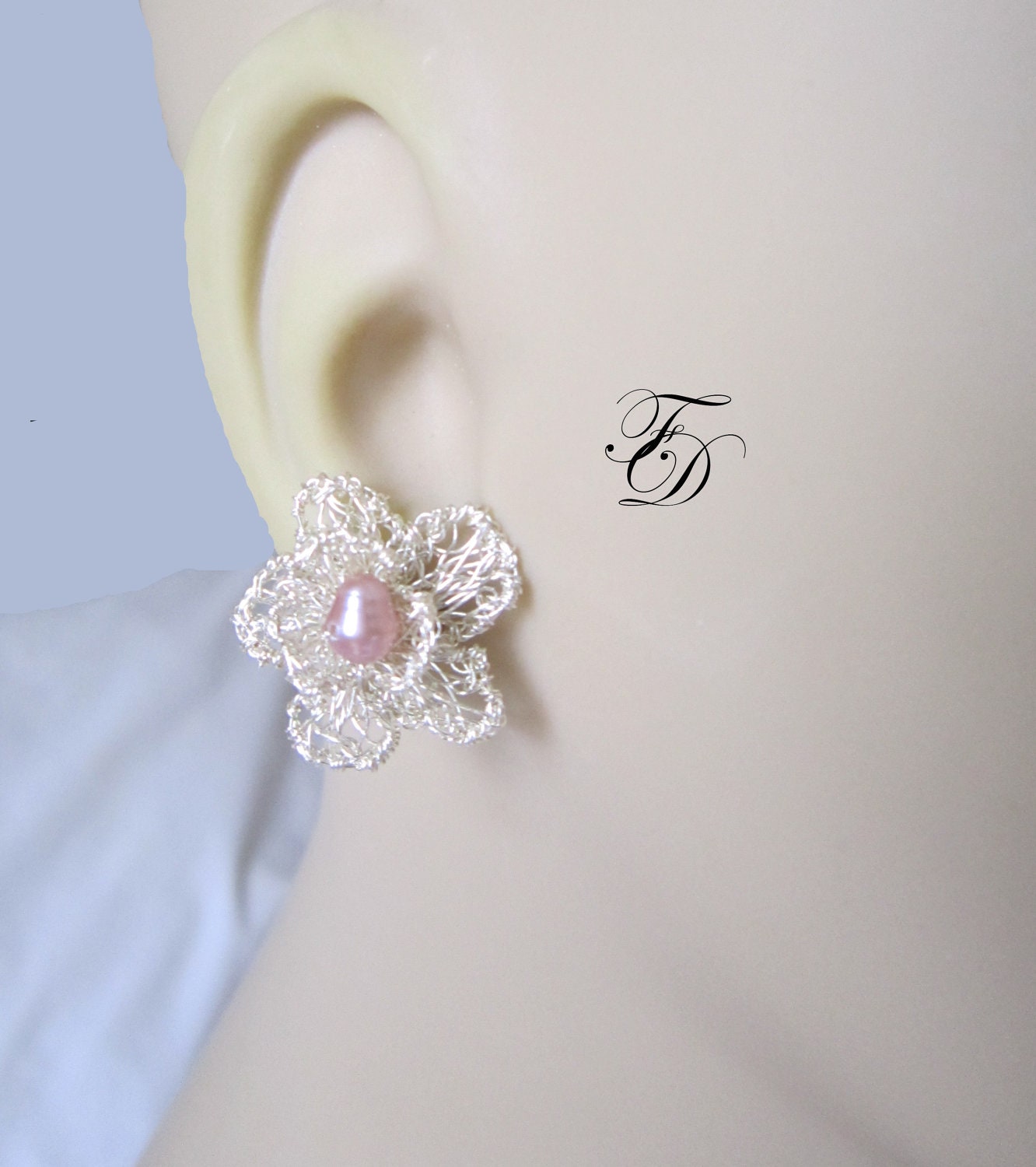 25% off holiday sale-Sterling silver Flower Ear Posts,Wire crochet Fresh water pearls earrings