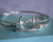 Nautical Anchor Pearl and Aqua Silver Bangle Bracelet  Set of Three