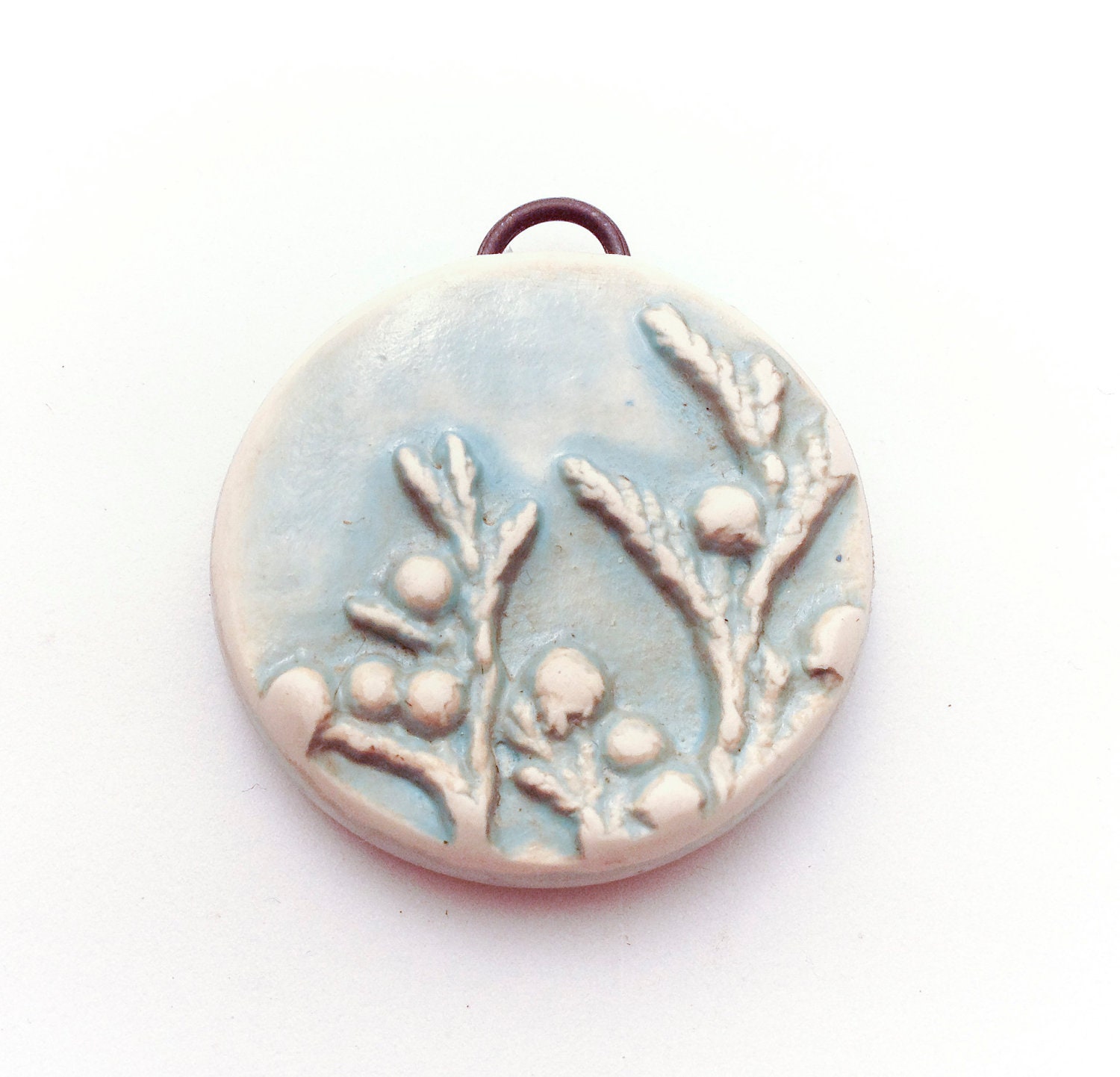 Cedar Branch Antique Blue Polymer Clay Pendant Necklace - Distlefunk2