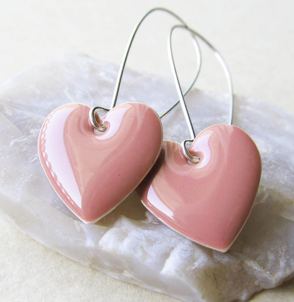 Dangle Drop Earrings - Rose Pink Epoxy Enamel Hearts - Sterling Silver Plated over Brass