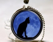 Black Cat with Moon Background Pendant, Glass Photo Necklace, Silver Plated, Free Chain (PD0224) - wizardofcharms