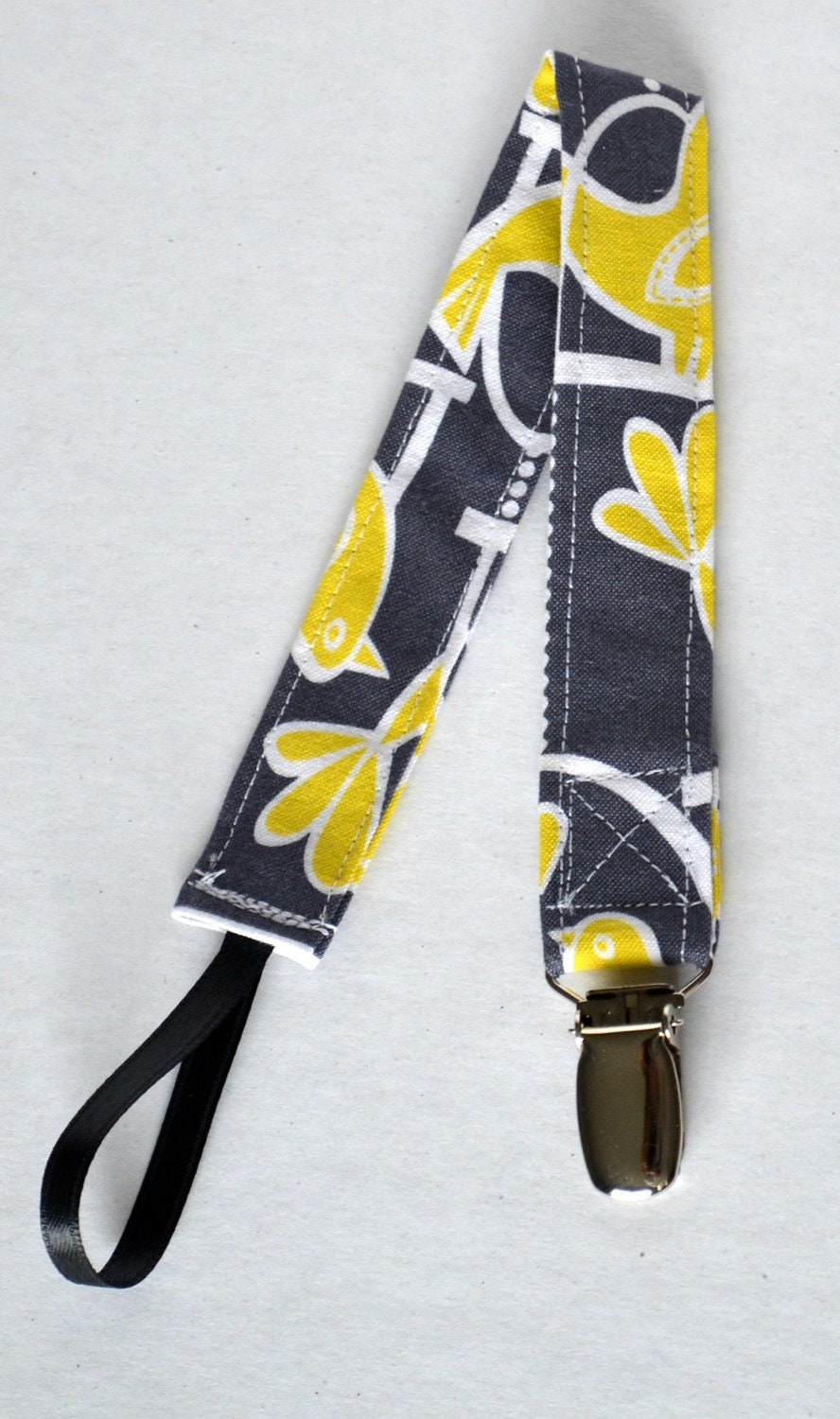 Pacifier/Toy Clip - fabric universal, grey, neutral, yellow, modern, bird