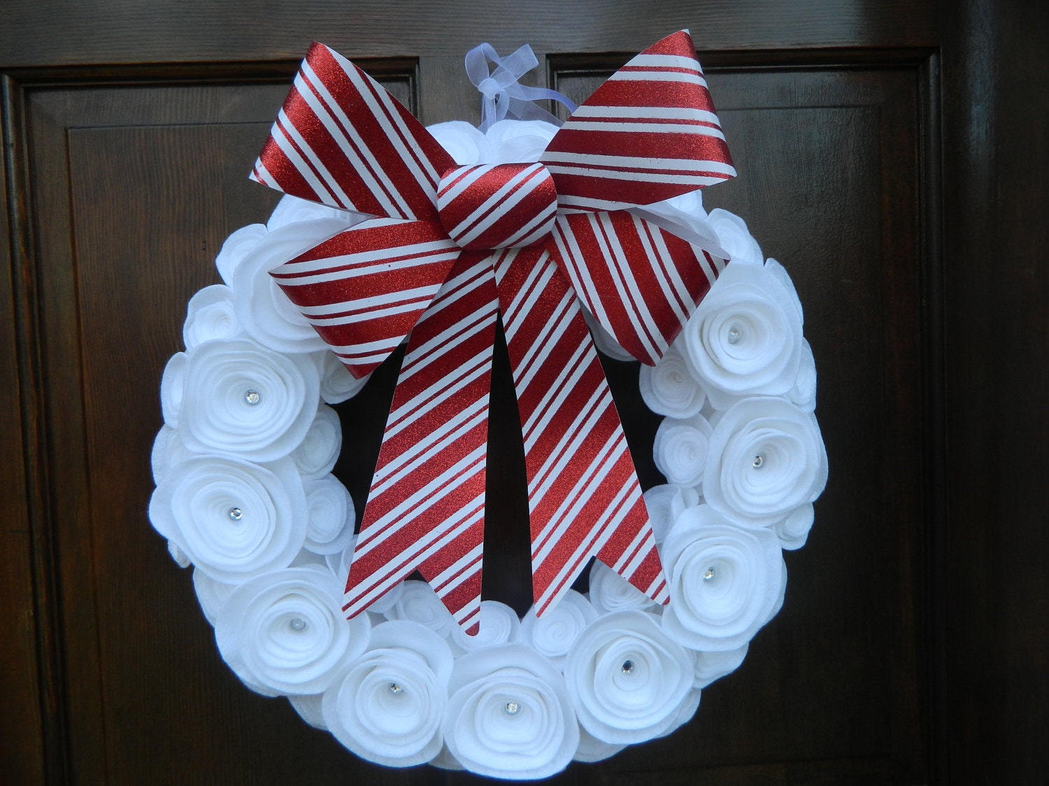 Christmas Candy Cane Wreath - White Felt Flower Wreath with Crystal Accents and a Red and White Striped Bow - 16 inch