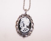 Skeleton, Cameo, Necklace, Female, Lady, Gothic, Lolita, Silver, Metal, Bezel, Black, Ivory