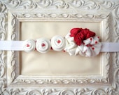 Red white hairband fabric flower matching headband - girl newborn baby child - handmade - ready to ship