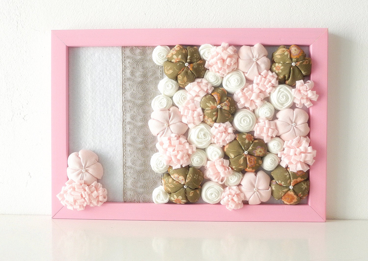 Framed fabric flowers home decoration Nursery ornament - 3D design - pink white olive