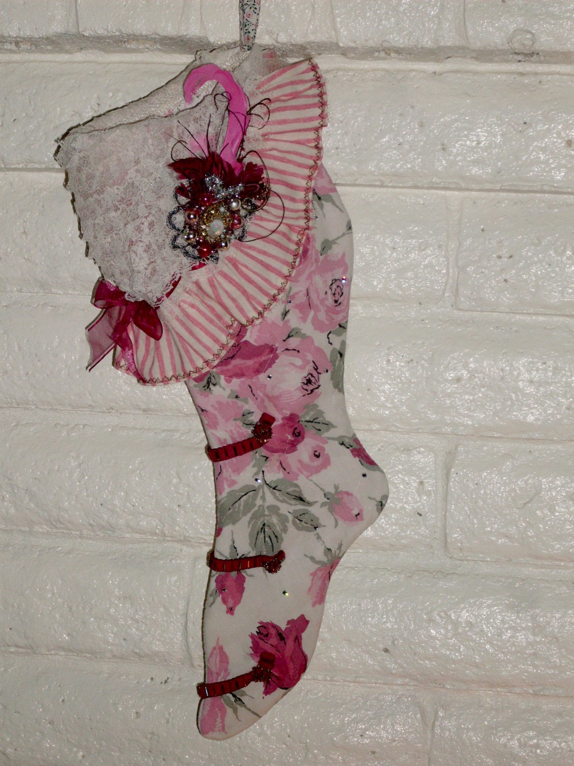 Handmade Christmas Stocking, 2 sided, Beaded, Vintage, Striking Upcycled Christmas Jonne Brooch